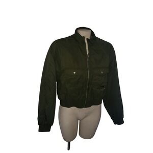 ANWND Olive Green Cropped Bomber Jacket Utility Pockets Zip Front M sherpa lined